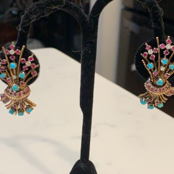 Vintage Earrings Rubies Diamonds & Turquoise - Picture 7 of 7